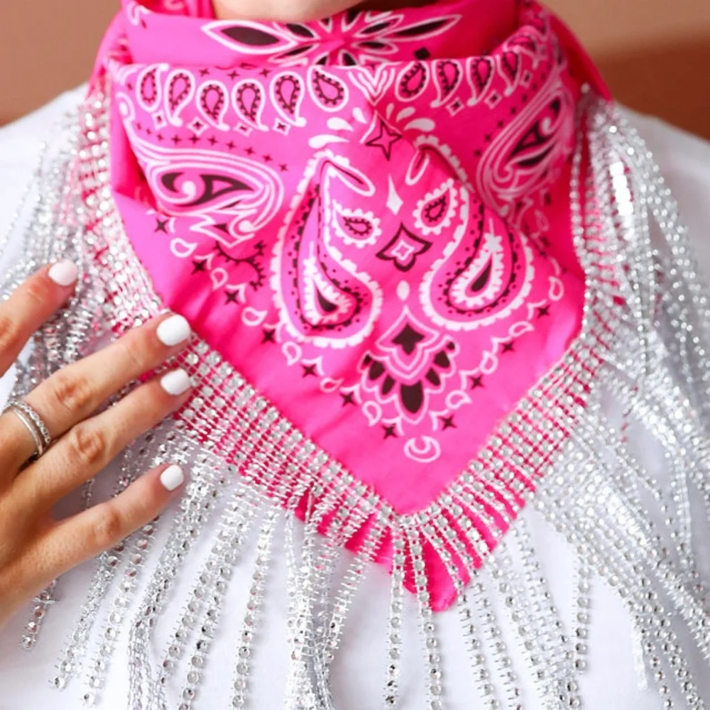 Maci Rhinestone Fringe Bandana Hot Pink - Picture 1 of 1